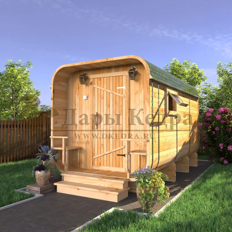Баня-бочка квадро из кедра с верандой (все размеры)